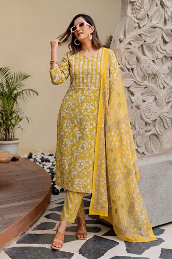 Mirchi Fashion Women's Mustard Floral Print Pure Cotton Kurti With Pant & Dupatta Set