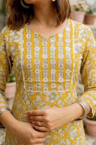 Mirchi Fashion Women's Mustard Floral Print Pure Cotton Kurti With Pant & Dupatta Set