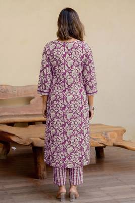 Mirchi Fashion Women's Magenta Floral Print Pure Cotton Kurti With Pant & Dupatta Set 2