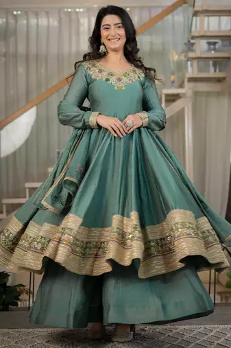 Green rangoli crush  party  embroidery wear sharara suit set