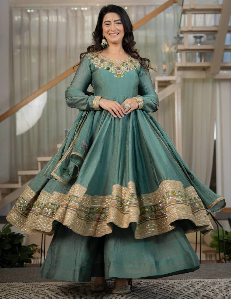Green rangoli crush  party  embroidery wear sharara suit set