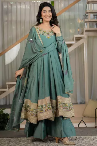Green rangoli crush  party  embroidery wear sharara suit set