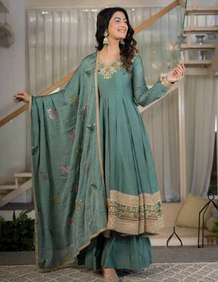 Green rangoli crush  party  embroidery wear sharara suit set 3