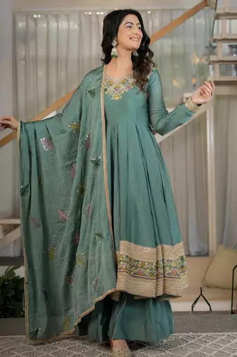 Green rangoli crush  party  embroidery wear sharara suit set