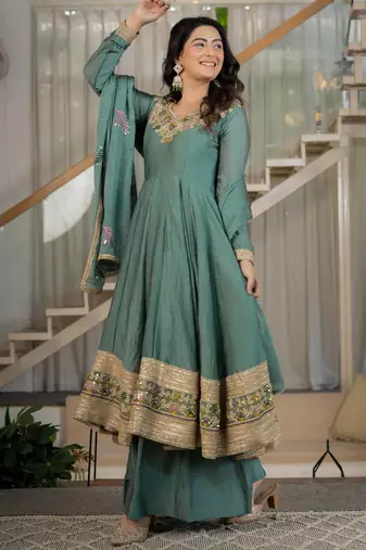 Green rangoli crush  party  embroidery wear sharara suit set