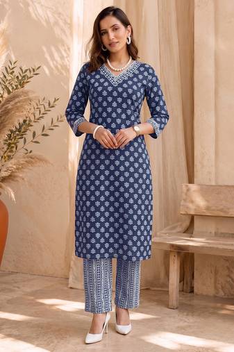 Mirchi Fashion Women's Blue Batik Block Print Pure Cotton Kurti With Pant & Dupatta Set