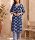 Mirchi Fashion Women's Blue Batik Block Print Pure Cotton Kurti With Pant & Dupatta Set