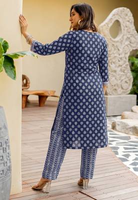 Mirchi Fashion Women's Blue Batik Block Print Pure Cotton Kurti With Pant & Dupatta Set 2