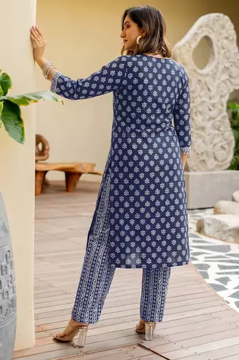 Mirchi Fashion Women's Blue Batik Block Print Pure Cotton Kurti With Pant & Dupatta Set