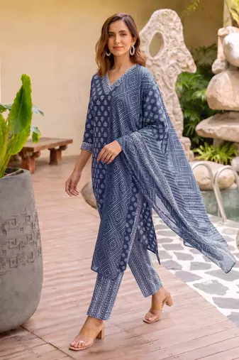 Mirchi Fashion Women's Blue Batik Block Print Pure Cotton Kurti With Pant & Dupatta Set