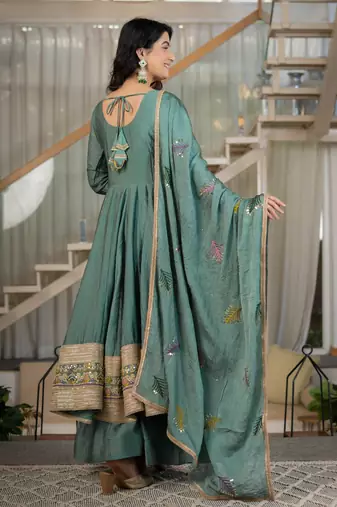 Green rangoli crush  party  embroidery wear sharara suit set