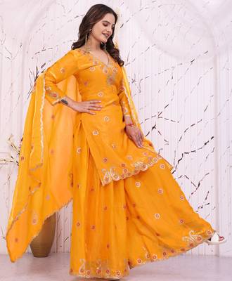 Yellow fandy silk  party  embroidery wear sharara suit set 5