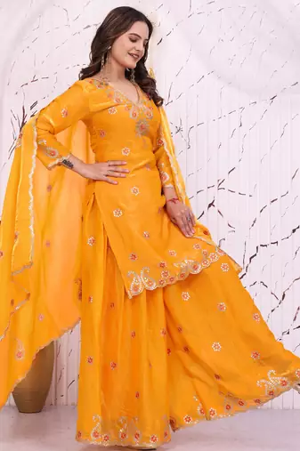 Yellow fandy silk  party  embroidery wear sharara suit set