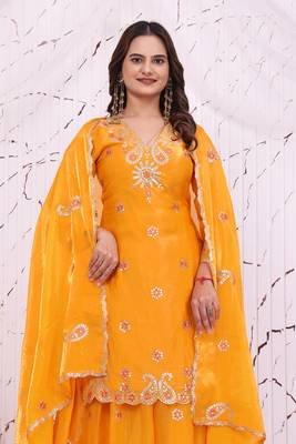 Yellow fandy silk  party  embroidery wear sharara suit set 6
