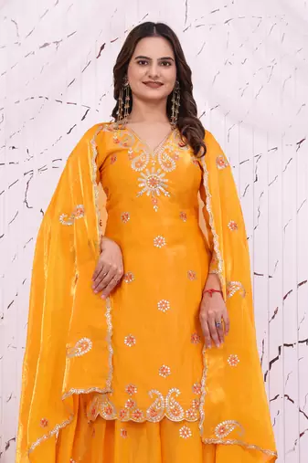 Yellow fandy silk  party  embroidery wear sharara suit set