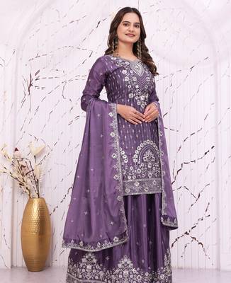 Purple chinon party  embroidery wear sharara suit set 5