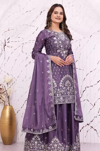Purple chinon party  embroidery wear sharara suit set