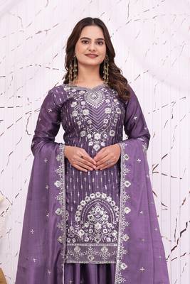 Purple chinon party  embroidery wear sharara suit set 6