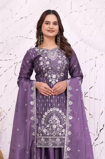 Purple chinon party  embroidery wear sharara suit set