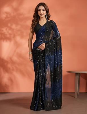 Embellished sequinned  heavy work georgette saree with unstitched blouse 3