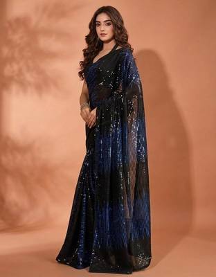 Embellished sequinned  heavy work georgette saree with unstitched blouse 4