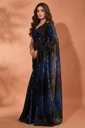 Embellished sequinned  heavy work georgette saree with unstitched blouse
