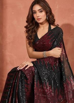 Embellished sequinned  heavy work georgette saree with unstitched blouse 1