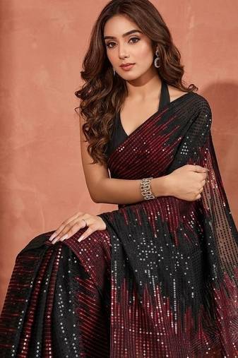 Embellished sequinned  heavy work georgette saree with unstitched blouse
