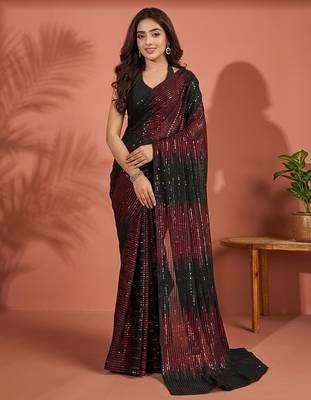 Embellished sequinned  heavy work georgette saree with unstitched blouse 2