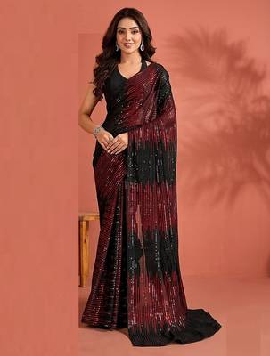 Embellished sequinned  heavy work georgette saree with unstitched blouse 3