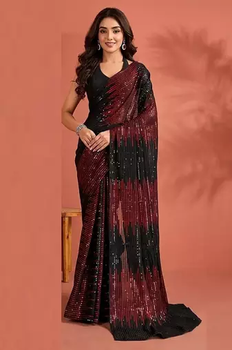 Embellished sequinned  heavy work georgette saree with unstitched blouse
