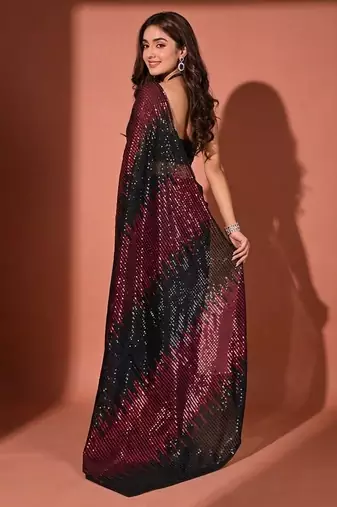 Embellished sequinned  heavy work georgette saree with unstitched blouse