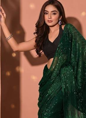 Embellished sequinned  heavy work georgette saree with unstitched blouse 1