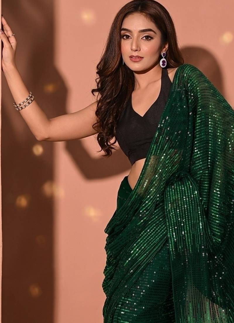Embellished sequinned  heavy work georgette saree with unstitched blouse