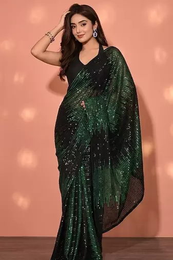 Embellished sequinned  heavy work georgette saree with unstitched blouse