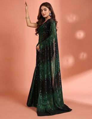 Embellished sequinned  heavy work georgette saree with unstitched blouse 3