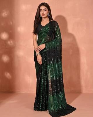 Embellished sequinned  heavy work georgette saree with unstitched blouse 4