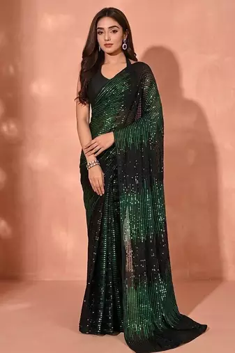 Embellished sequinned  heavy work georgette saree with unstitched blouse