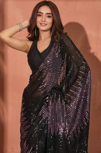 Embellished sequinned  heavy work georgette saree with unstitched blouse
