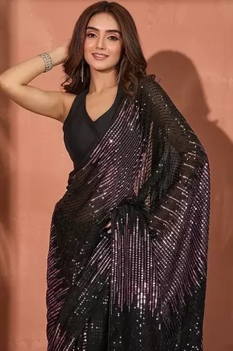 Embellished sequinned  heavy work georgette saree with unstitched blouse