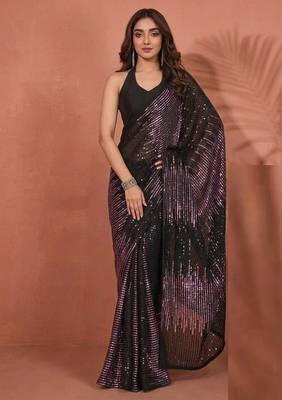 Embellished sequinned  heavy work georgette saree with unstitched blouse 4