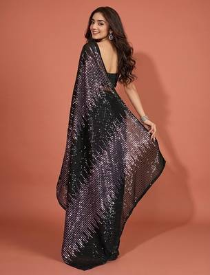 Embellished sequinned  heavy work georgette saree with unstitched blouse 5