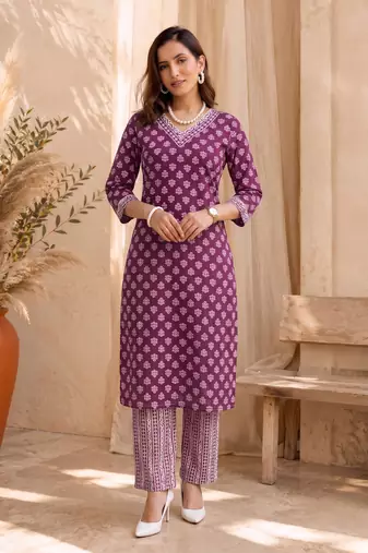 Mirchi Fashion Women's Magenta Batik Block Print Pure Cotton Kurti With Pant & Dupatta Set
