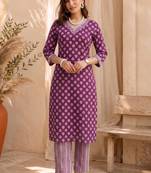 Mirchi Fashion Women's Magenta Batik Block Print Pure Cotton Kurti With Pant & Dupatta Set