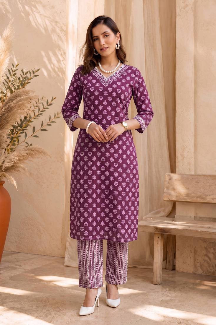Mirchi Fashion Women's Magenta Batik Block Print Pure Cotton Kurti With Pant & Dupatta Set