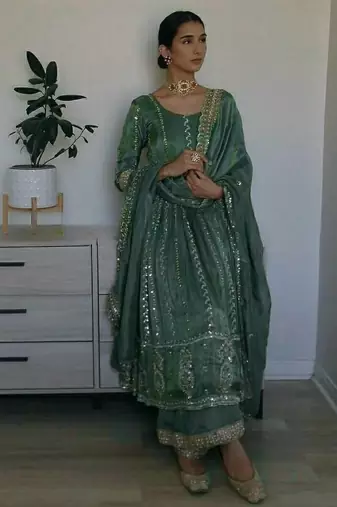 Green crepe silk  party  embroidery wear anarkali  suit set