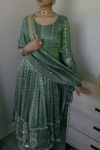 Green crepe silk  party  embroidery wear anarkali  suit set