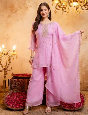 Pink crunchy heavy thread embroidery work kurta palazzo set 1
