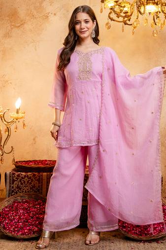 Pink crunchy heavy thread embroidery work kurta palazzo set