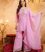 Pink crunchy heavy thread embroidery work kurta palazzo set